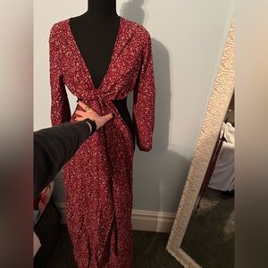 Maroon floral shein cutout long sleeve dress with slit